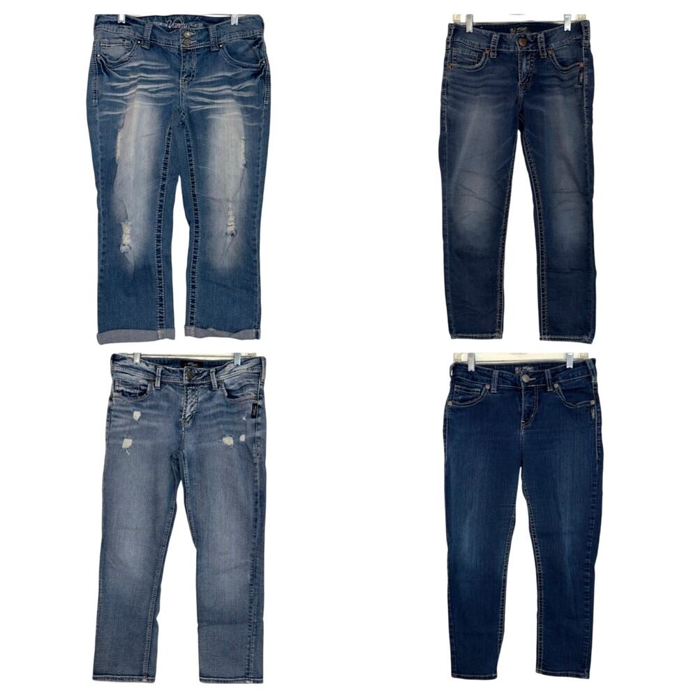 Lot of 4 Women’s Capri Jeans Silver Suki & Vanity Size 28–29 Stretch Denim